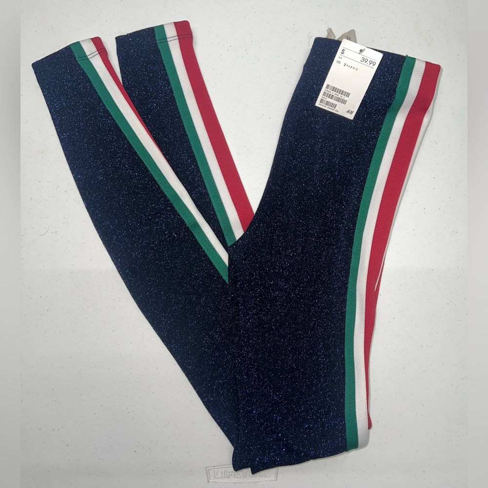 H&M Navy Glitter Leggings with Red, Green, and White Stripes